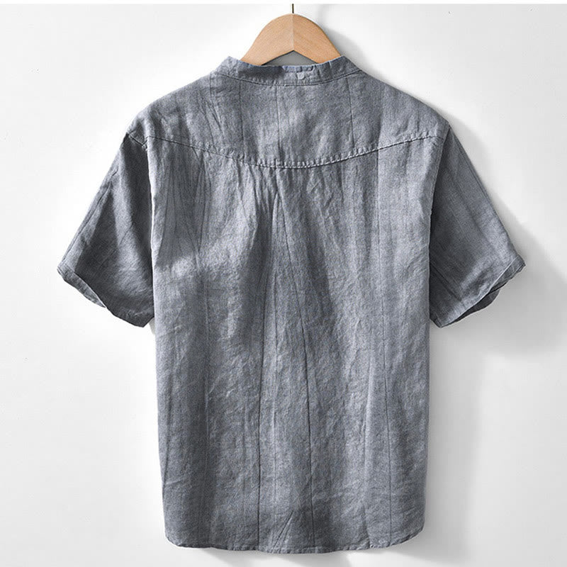 Half Button Short Sleeve V-neck Ramie Cotton Men's Shirt