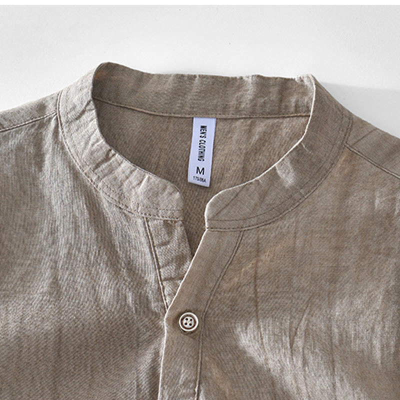 Half Button Short Sleeve V-neck Ramie Cotton Men's Shirt
