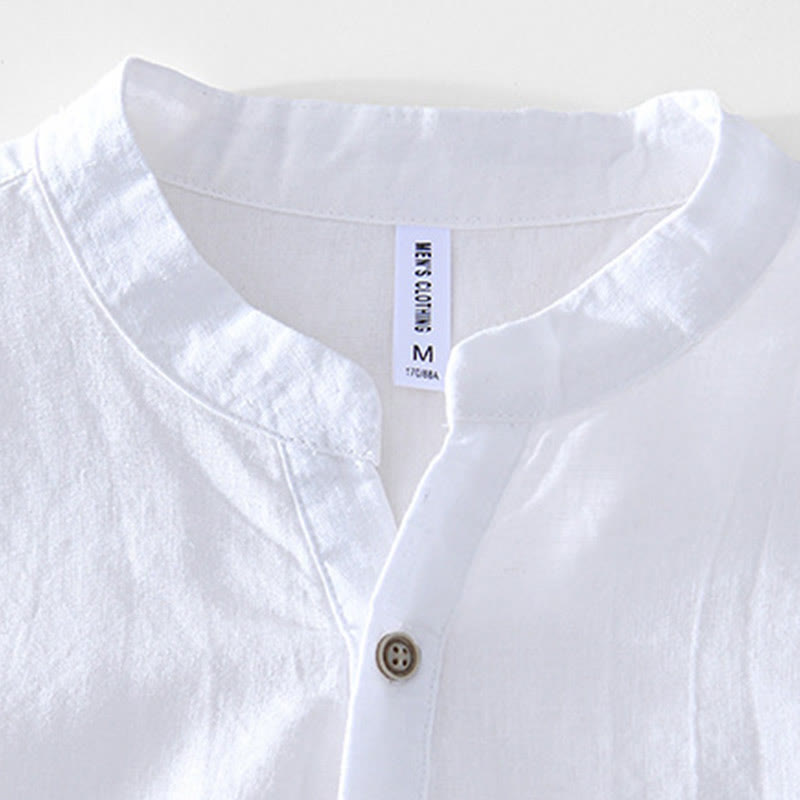 Half Button Short Sleeve V-neck Ramie Cotton Men's Shirt