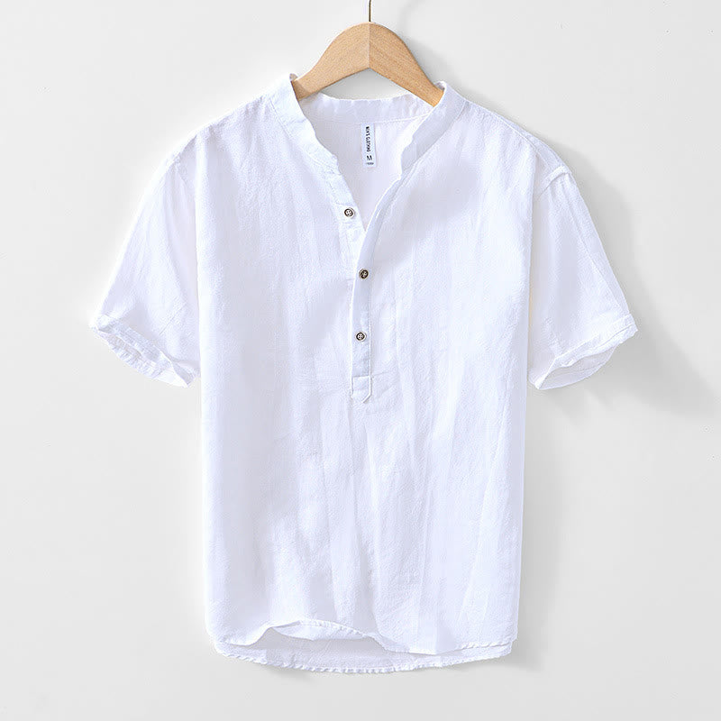 Half Button Short Sleeve V-neck Ramie Cotton Men's Shirt
