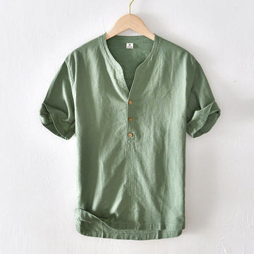 Summer Stand Collar Short Sleeve Cotton Linen Half Button Men's Shirt