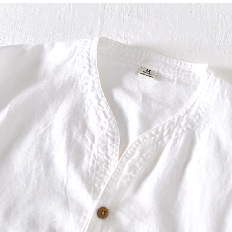 Summer Stand Collar Short Sleeve Cotton Linen Half Button Men's Shirt