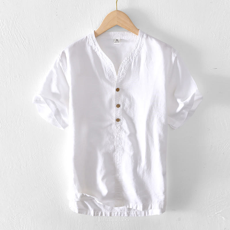 Summer Stand Collar Short Sleeve Cotton Linen Half Button Men's Shirt