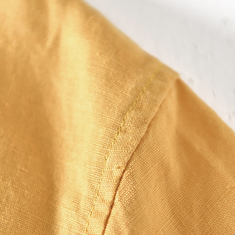 Summer Stand Collar Short Sleeve Cotton Linen Half Button Men's Shirt