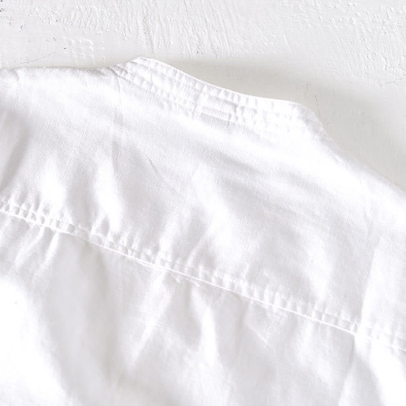 Summer Stand Collar Short Sleeve Cotton Linen Half Button Men's Shirt