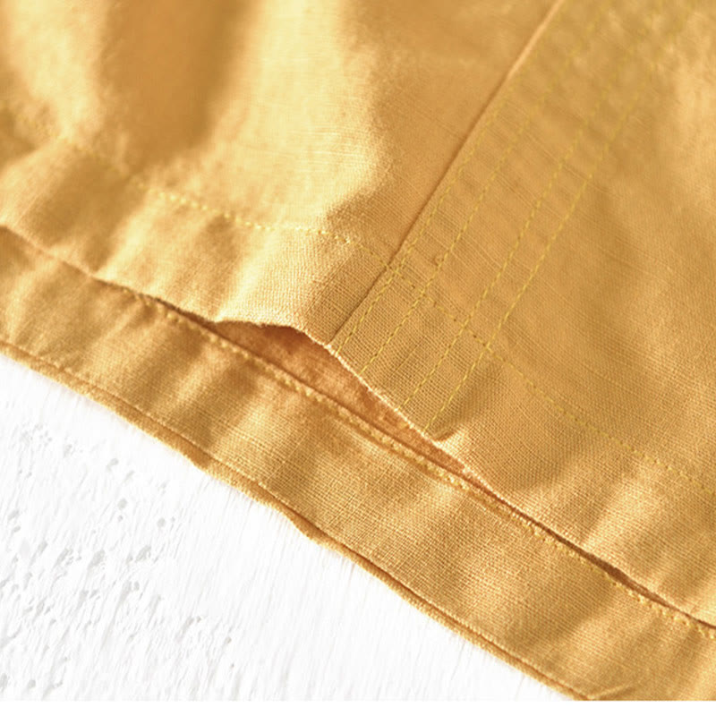 Summer Stand Collar Short Sleeve Cotton Linen Half Button Men's Shirt