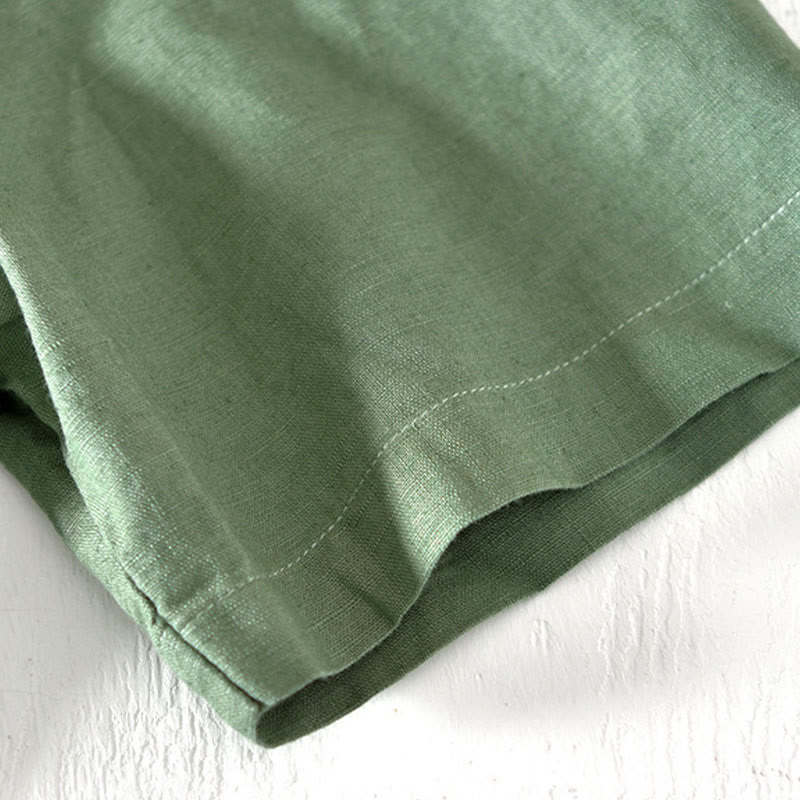 Summer Stand Collar Short Sleeve Cotton Linen Half Button Men's Shirt