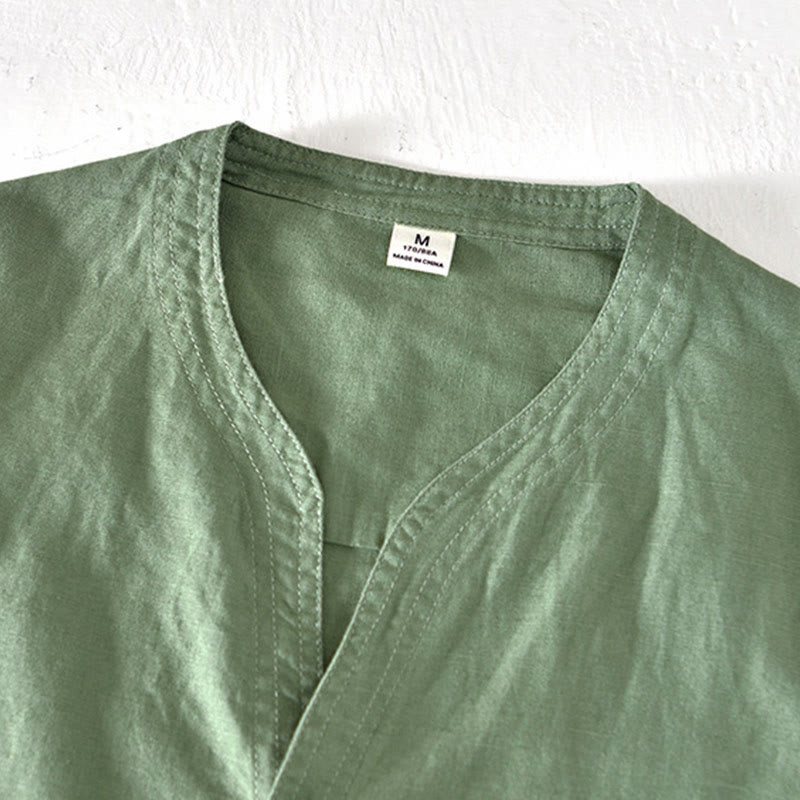 Summer Stand Collar Short Sleeve Cotton Linen Half Button Men's Shirt