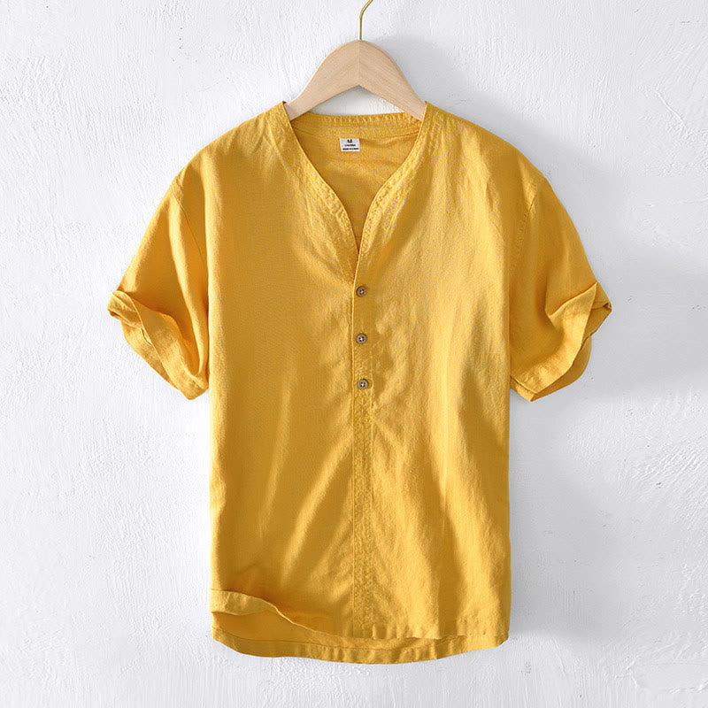 Summer Stand Collar Short Sleeve Cotton Linen Half Button Men's Shirt