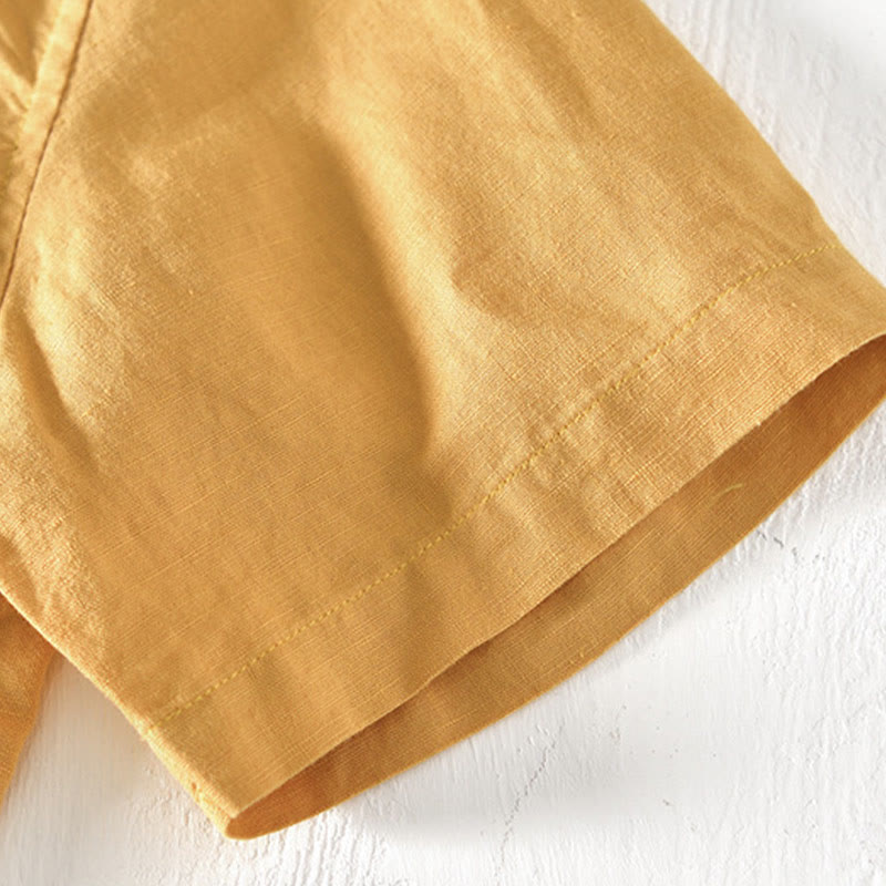 Summer Stand Collar Short Sleeve Cotton Linen Half Button Men's Shirt