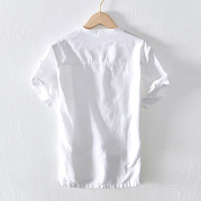 Summer Stand Collar Short Sleeve Cotton Linen Half Button Men's Shirt