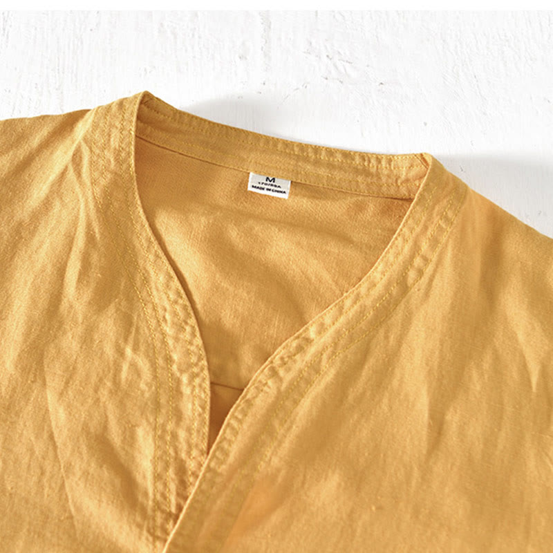 Summer Stand Collar Short Sleeve Cotton Linen Half Button Men's Shirt