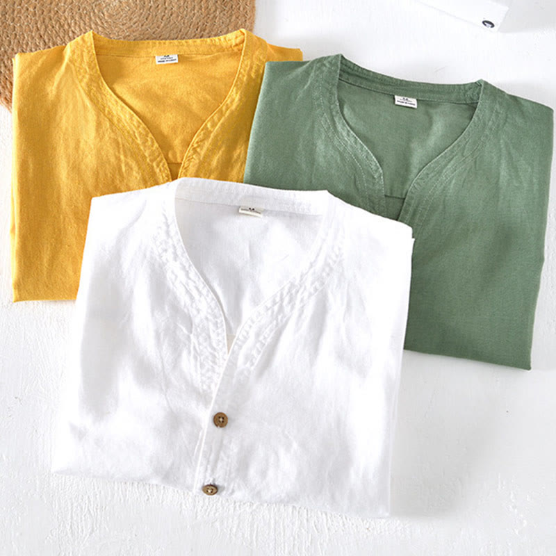 Summer Stand Collar Short Sleeve Cotton Linen Half Button Men's Shirt