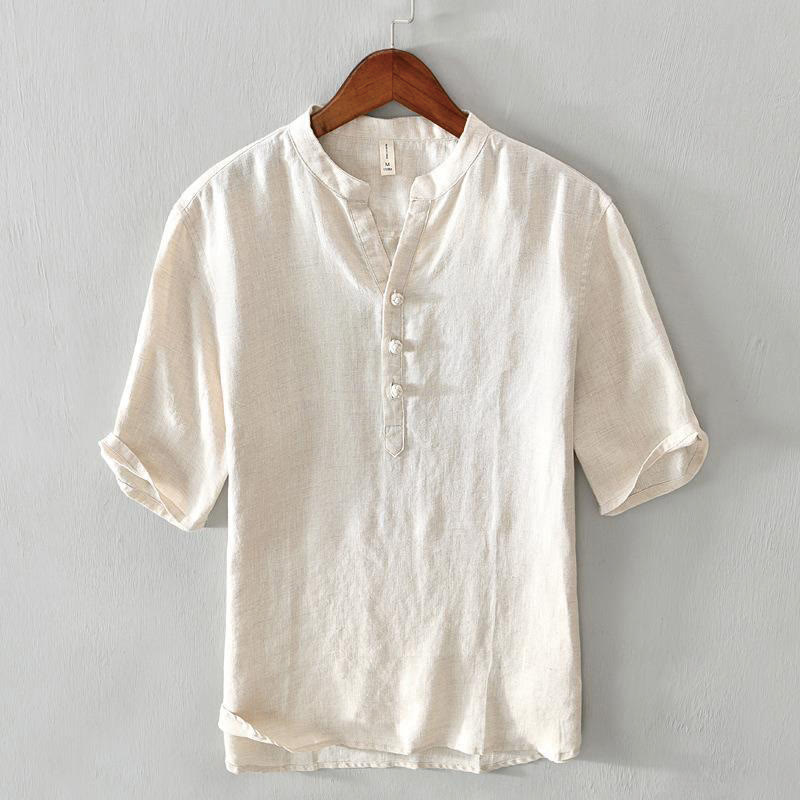 Daily Solid Color Stand Collar Half Sleeve Linen Half Button Men's Shirt