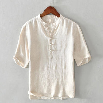 Daily Solid Color Stand Collar Half Sleeve Linen Half Button Men's Shirt