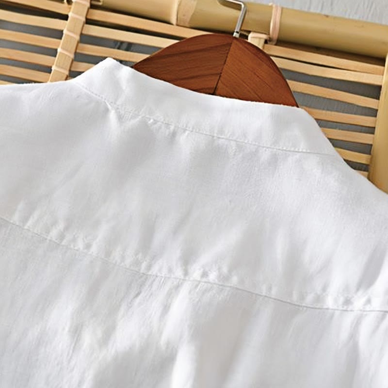 Daily Solid Color Stand Collar Half Sleeve Linen Half Button Men's Shirt