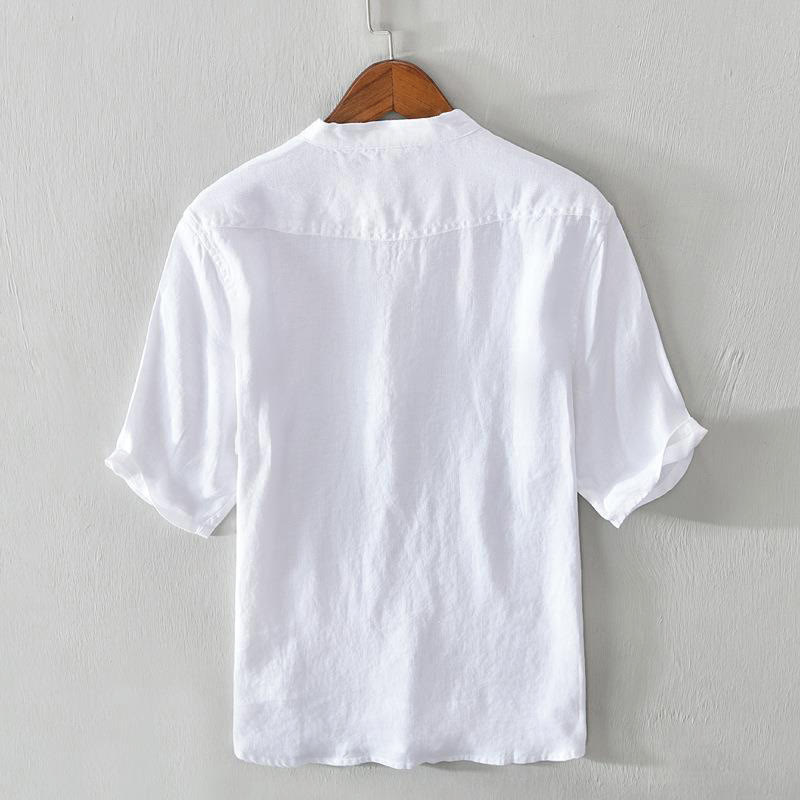 Daily Solid Color Stand Collar Half Sleeve Linen Half Button Men's Shirt