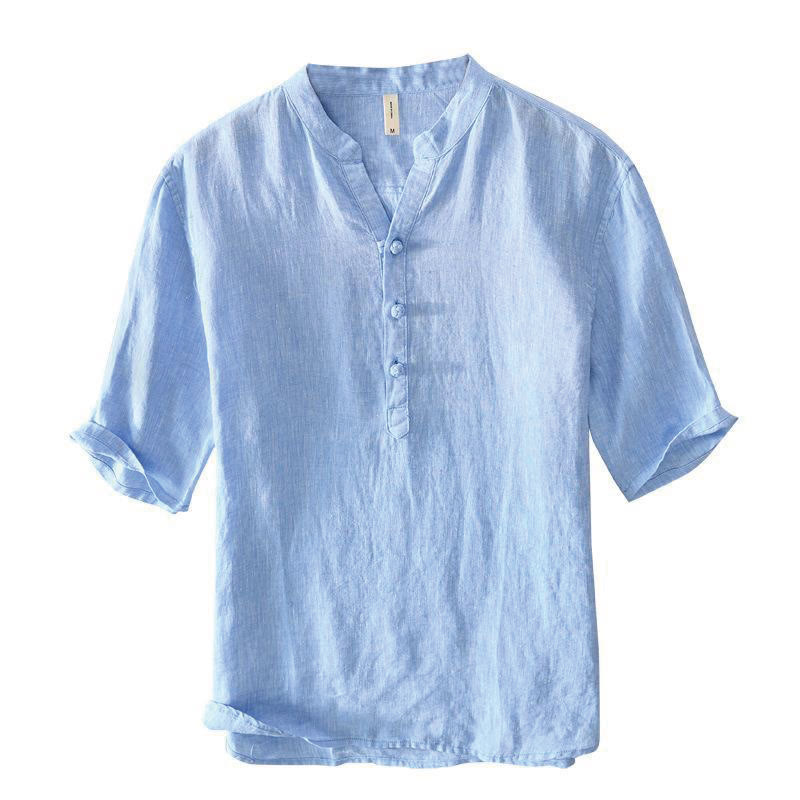 Daily Solid Color Stand Collar Half Sleeve Linen Half Button Men's Shirt