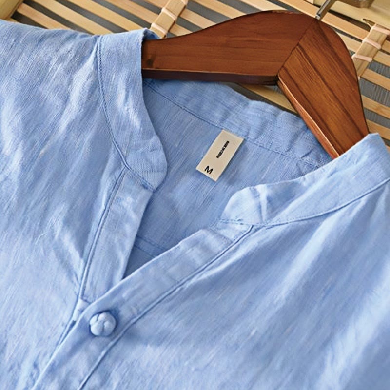 Daily Solid Color Stand Collar Half Sleeve Linen Half Button Men's Shirt
