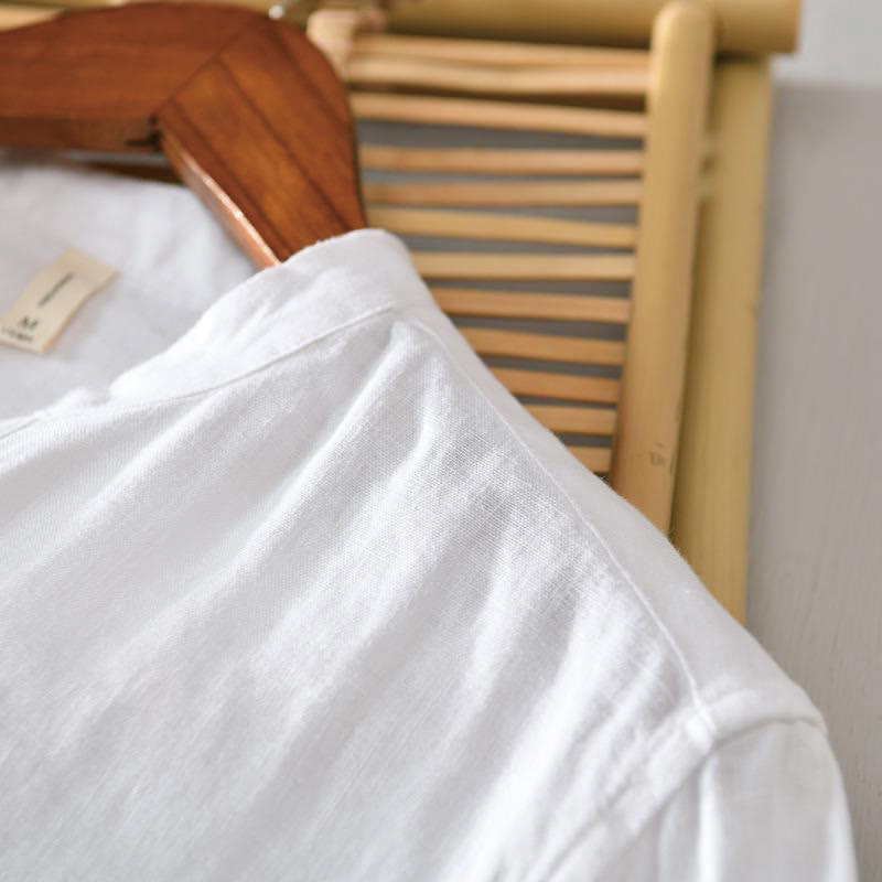 Daily Solid Color Stand Collar Half Sleeve Linen Half Button Men's Shirt