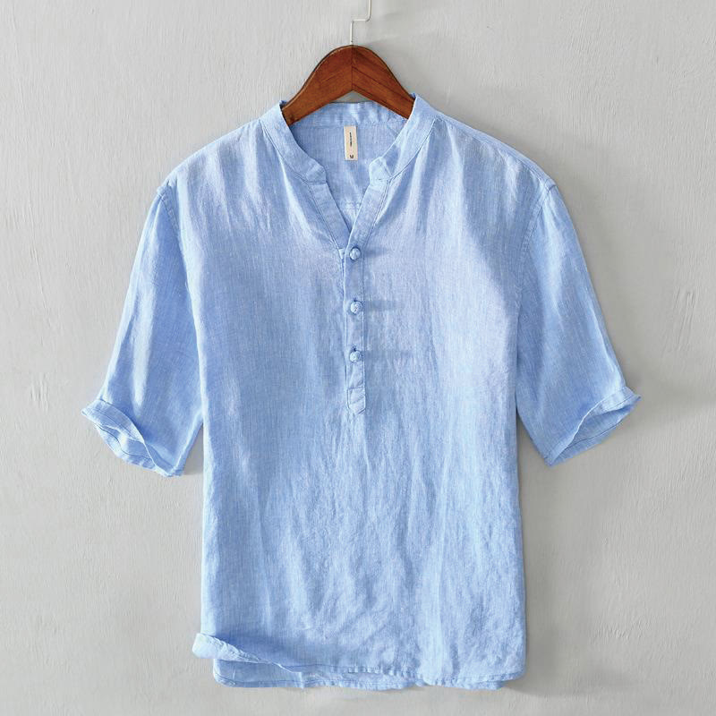 Daily Solid Color Stand Collar Half Sleeve Linen Half Button Men's Shirt