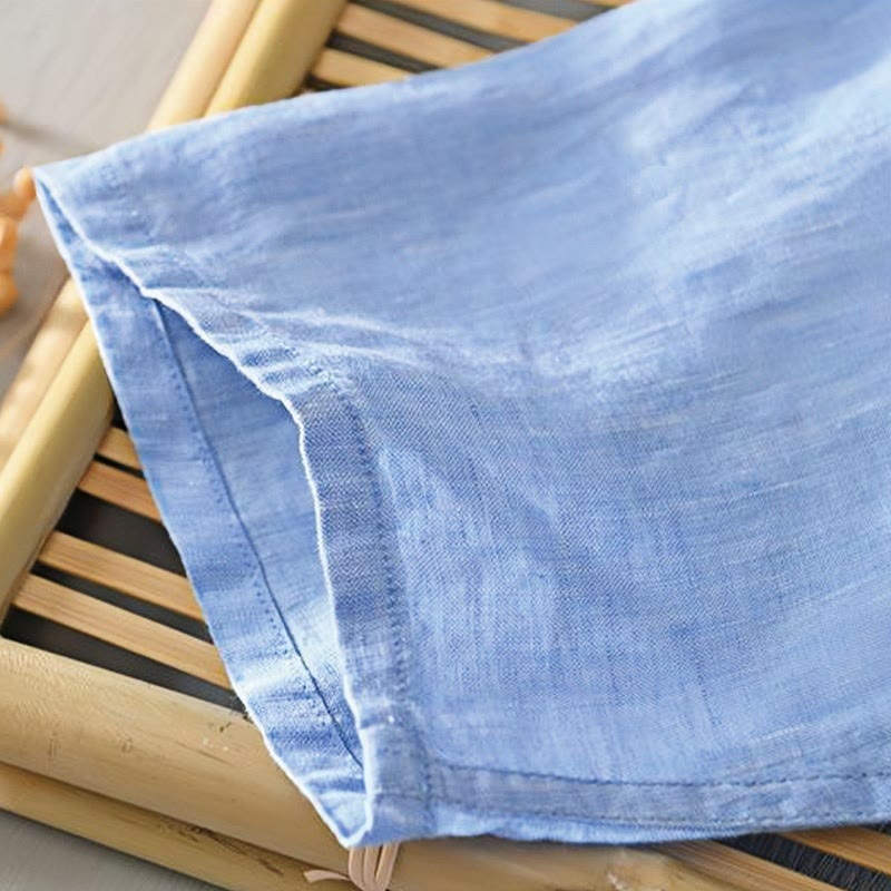 Daily Solid Color Stand Collar Half Sleeve Linen Half Button Men's Shirt