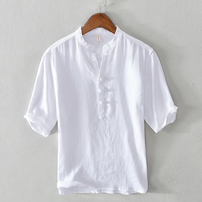 Daily Solid Color Stand Collar Half Sleeve Linen Half Button Men's Shirt
