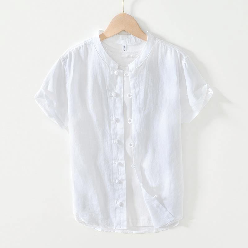 Daily Frog-Button Stand Collar Short Sleeve Linen Men's Shirt