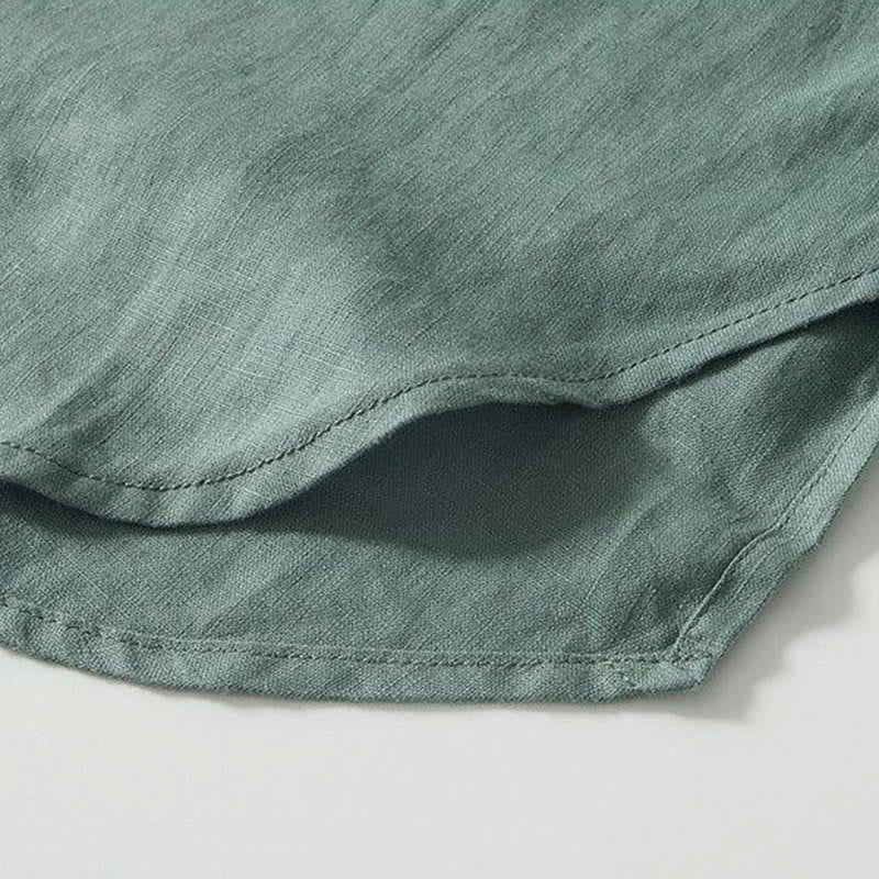 Daily Frog-Button Stand Collar Short Sleeve Linen Men's Shirt