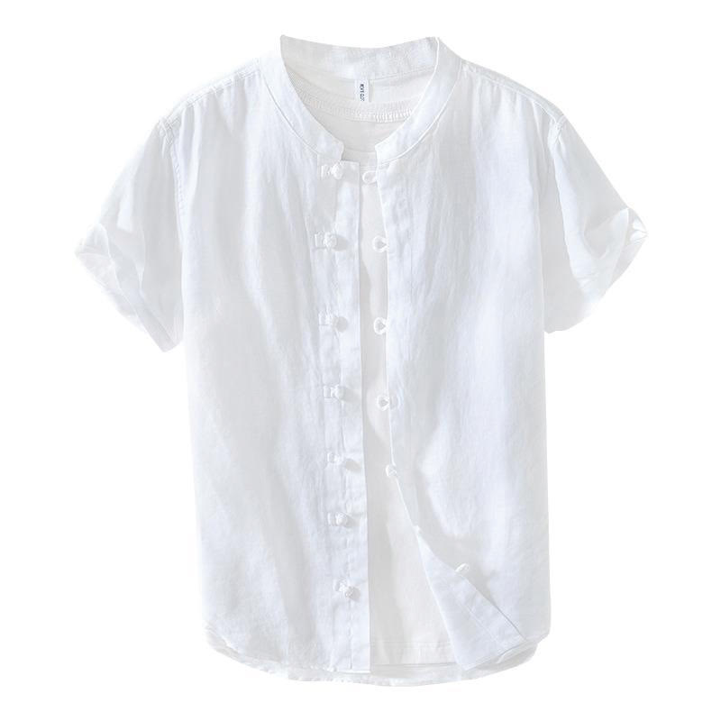 Daily Frog-Button Stand Collar Short Sleeve Linen Men's Shirt