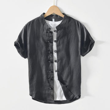 Daily Frog-Button Stand Collar Short Sleeve Linen Men's Shirt