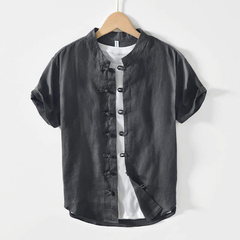 Daily Frog-Button Stand Collar Short Sleeve Linen Men's Shirt