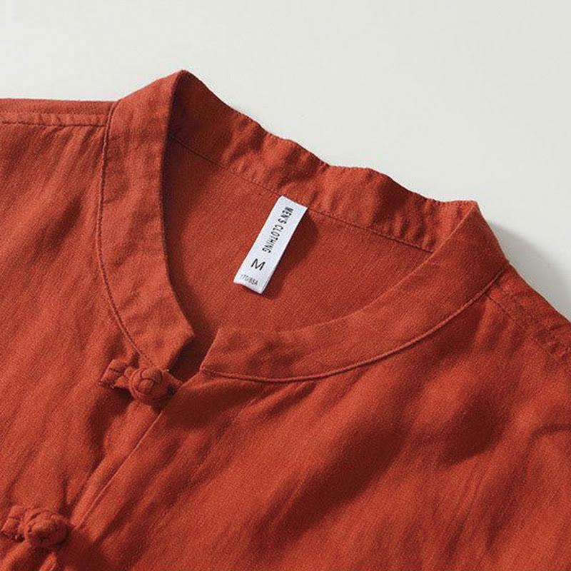 Daily Frog-Button Stand Collar Short Sleeve Linen Men's Shirt