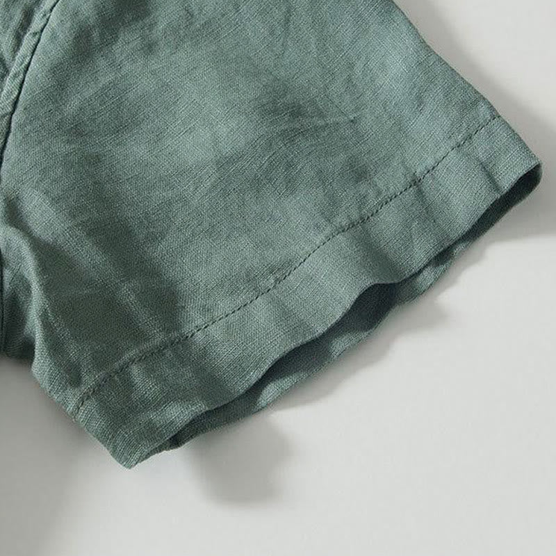 Daily Frog-Button Stand Collar Short Sleeve Linen Men's Shirt