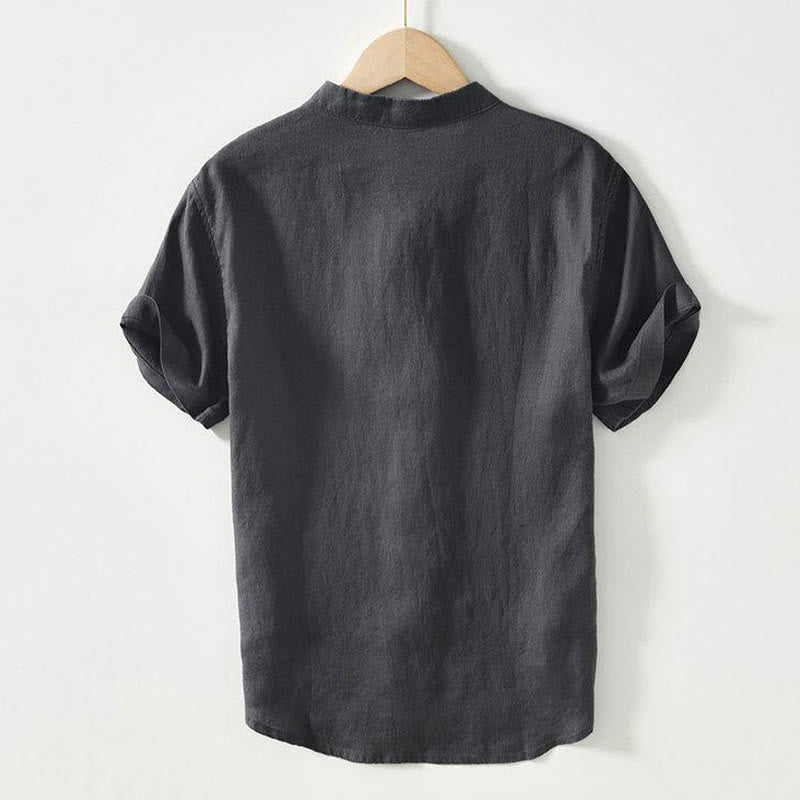 Daily Frog-Button Stand Collar Short Sleeve Linen Men's Shirt