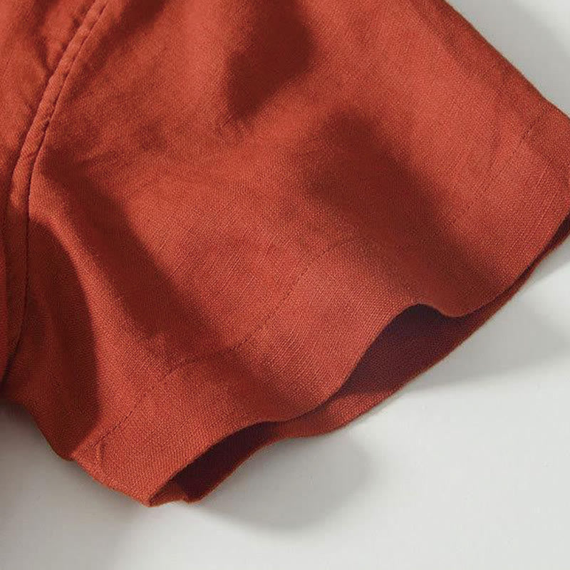 Daily Frog-Button Stand Collar Short Sleeve Linen Men's Shirt