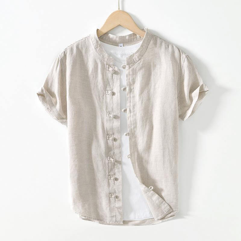 Daily Frog-Button Stand Collar Short Sleeve Linen Men's Shirt