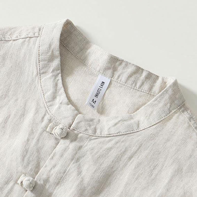 Daily Frog-Button Stand Collar Short Sleeve Linen Men's Shirt