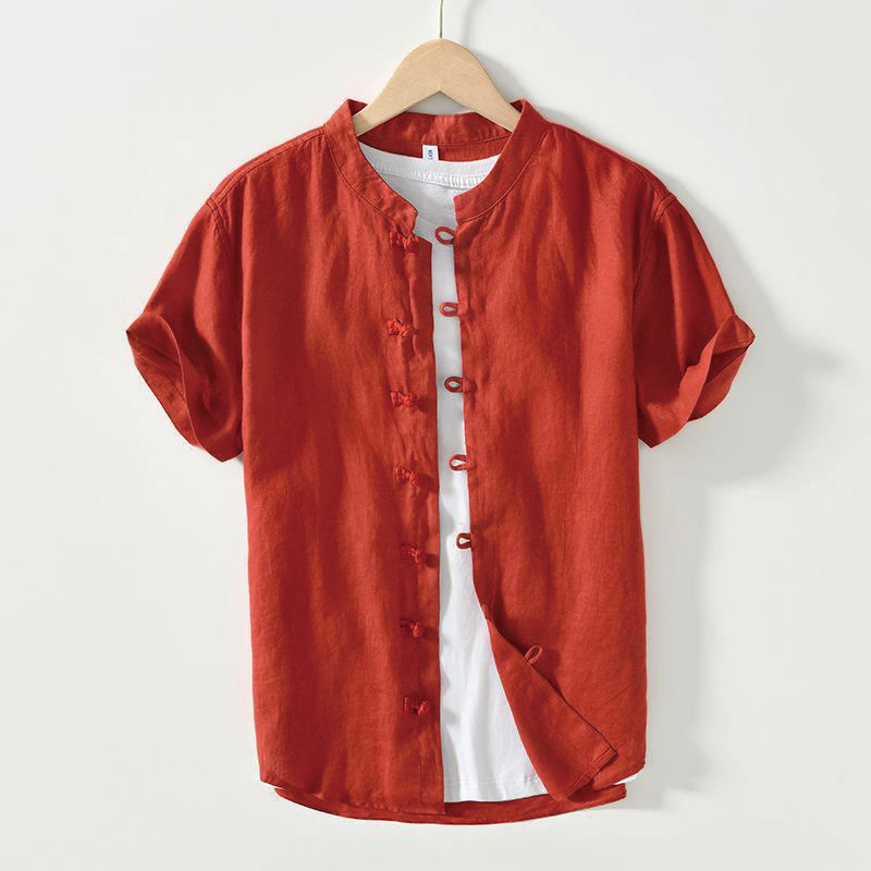 Daily Frog-Button Stand Collar Short Sleeve Linen Men's Shirt