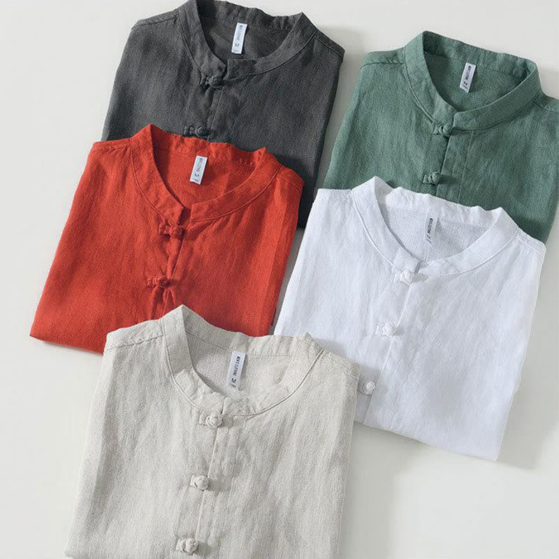 Daily Frog-Button Stand Collar Short Sleeve Linen Men's Shirt