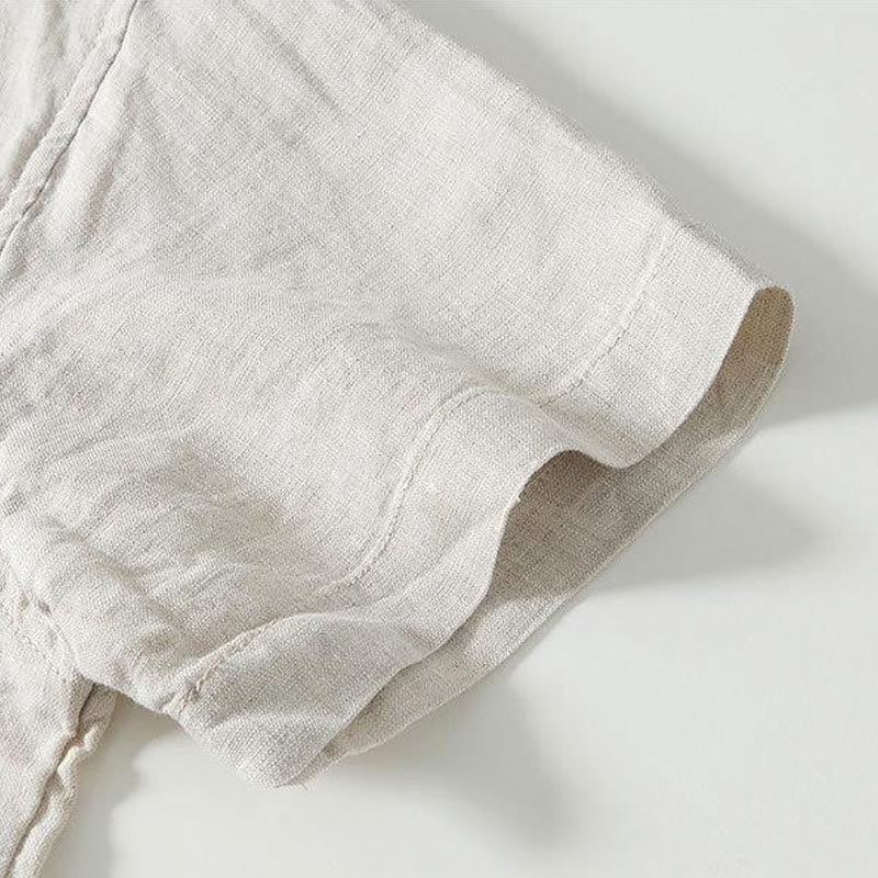 Daily Frog-Button Stand Collar Short Sleeve Linen Men's Shirt