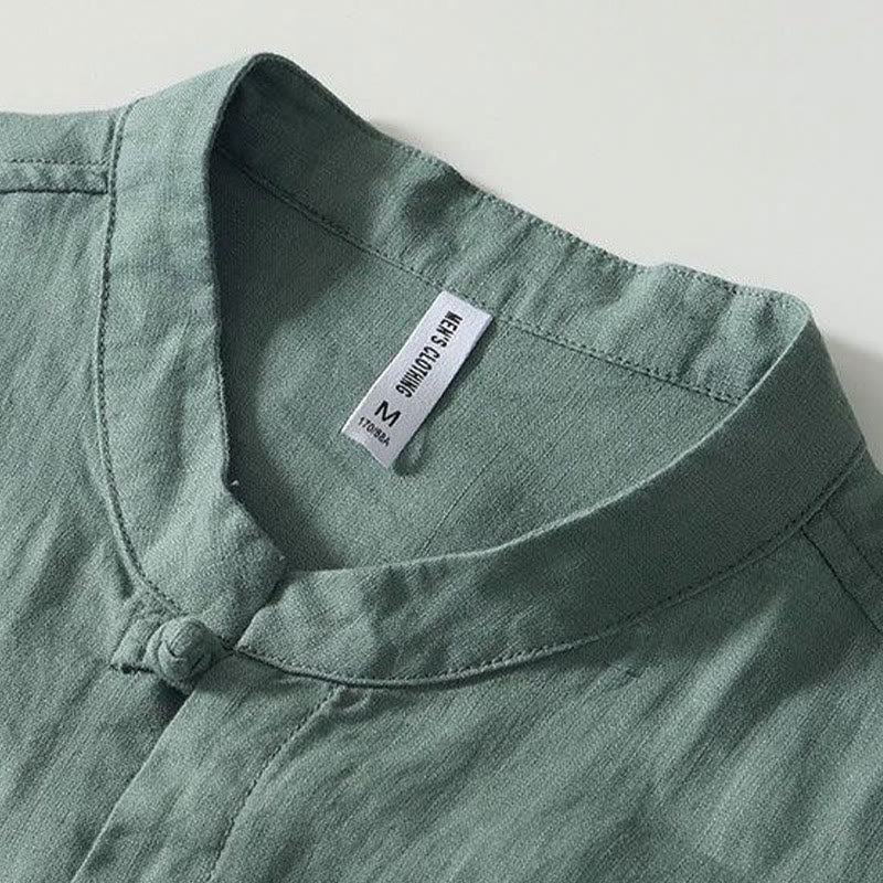 Daily Frog-Button Stand Collar Short Sleeve Linen Men's Shirt
