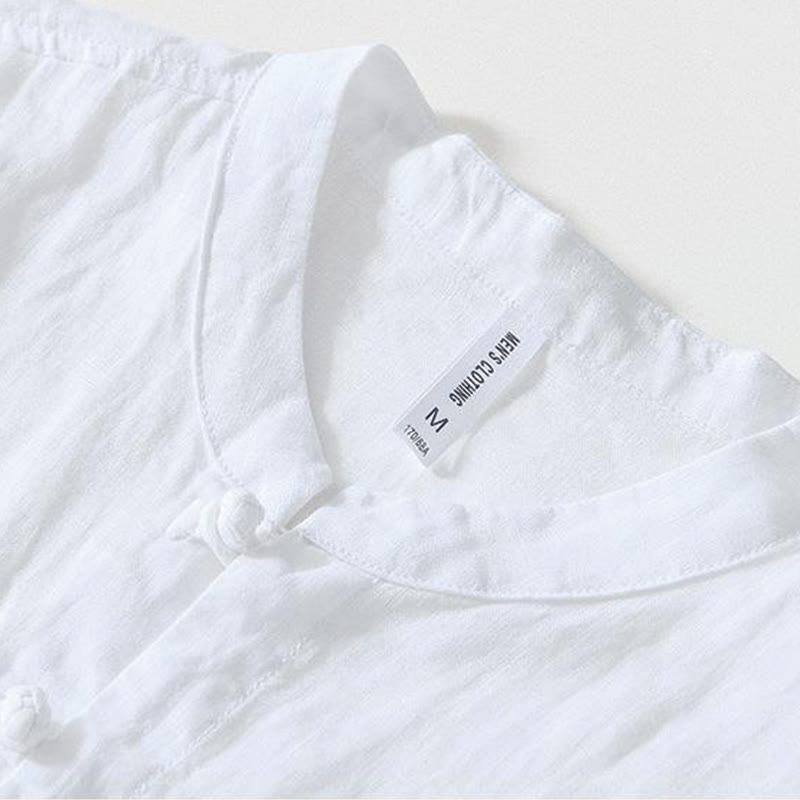 Daily Frog-Button Stand Collar Short Sleeve Linen Men's Shirt