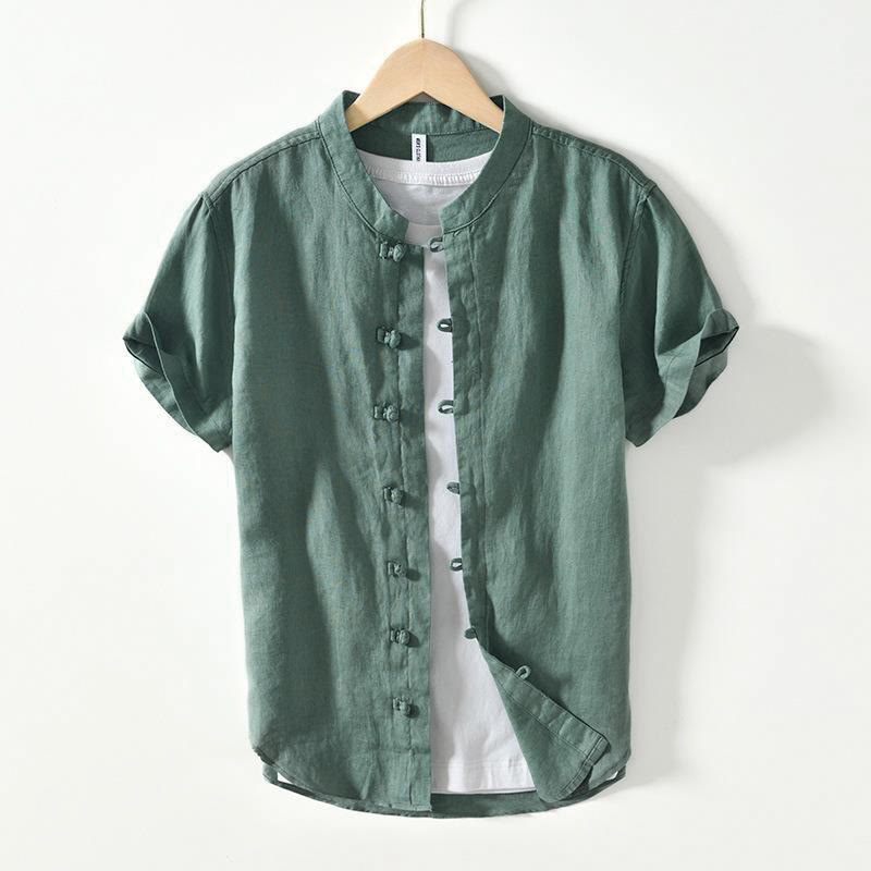 Daily Frog-Button Stand Collar Short Sleeve Linen Men's Shirt