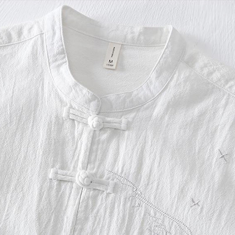 Cotton Linen Mandarin Collar Frog Button Mindful Men's Shirt