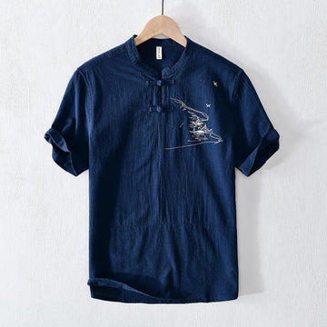 Cotton Linen Mandarin Collar Frog Button Mindful Men's Shirt