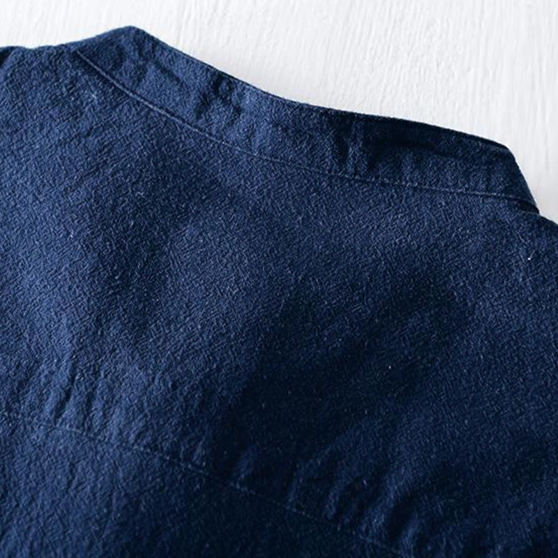 Cotton Linen Mandarin Collar Frog Button Mindful Men's Shirt