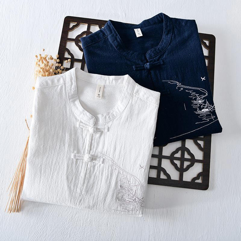 Cotton Linen Mandarin Collar Frog Button Mindful Men's Shirt