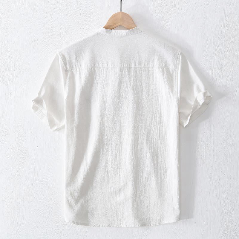 Cotton Linen Mandarin Collar Frog Button Mindful Men's Shirt