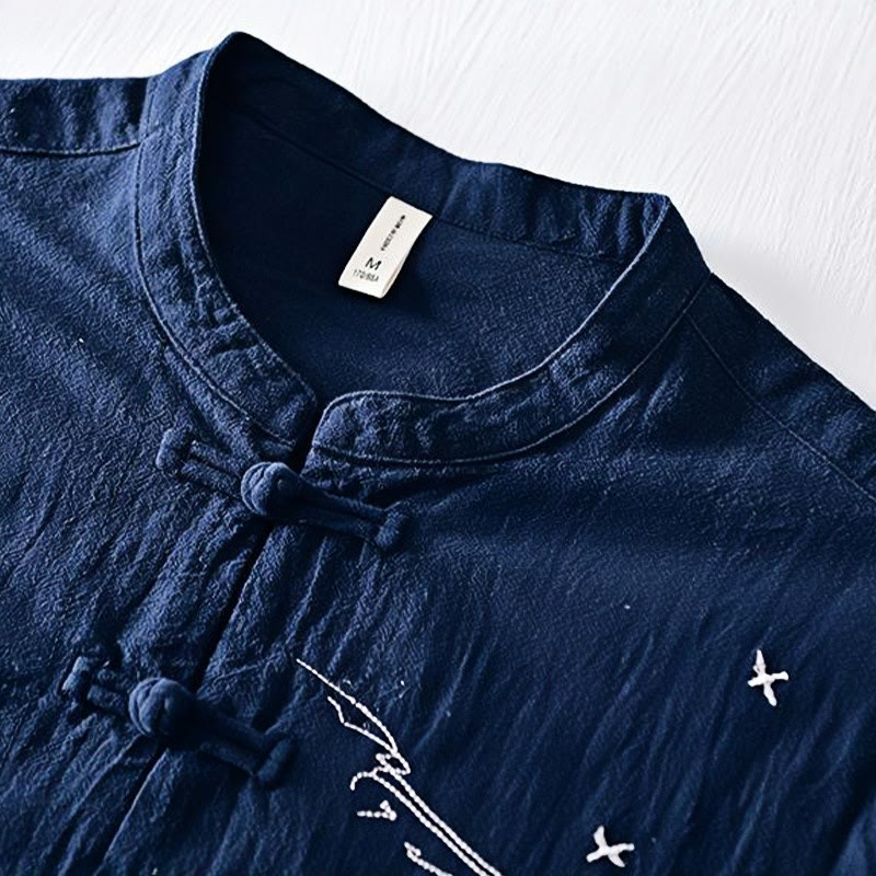 Cotton Linen Mandarin Collar Frog Button Mindful Men's Shirt